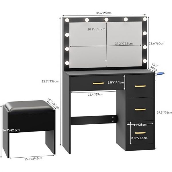 Vanity Desk Set with Large Mirror, LED Lights - Image 4