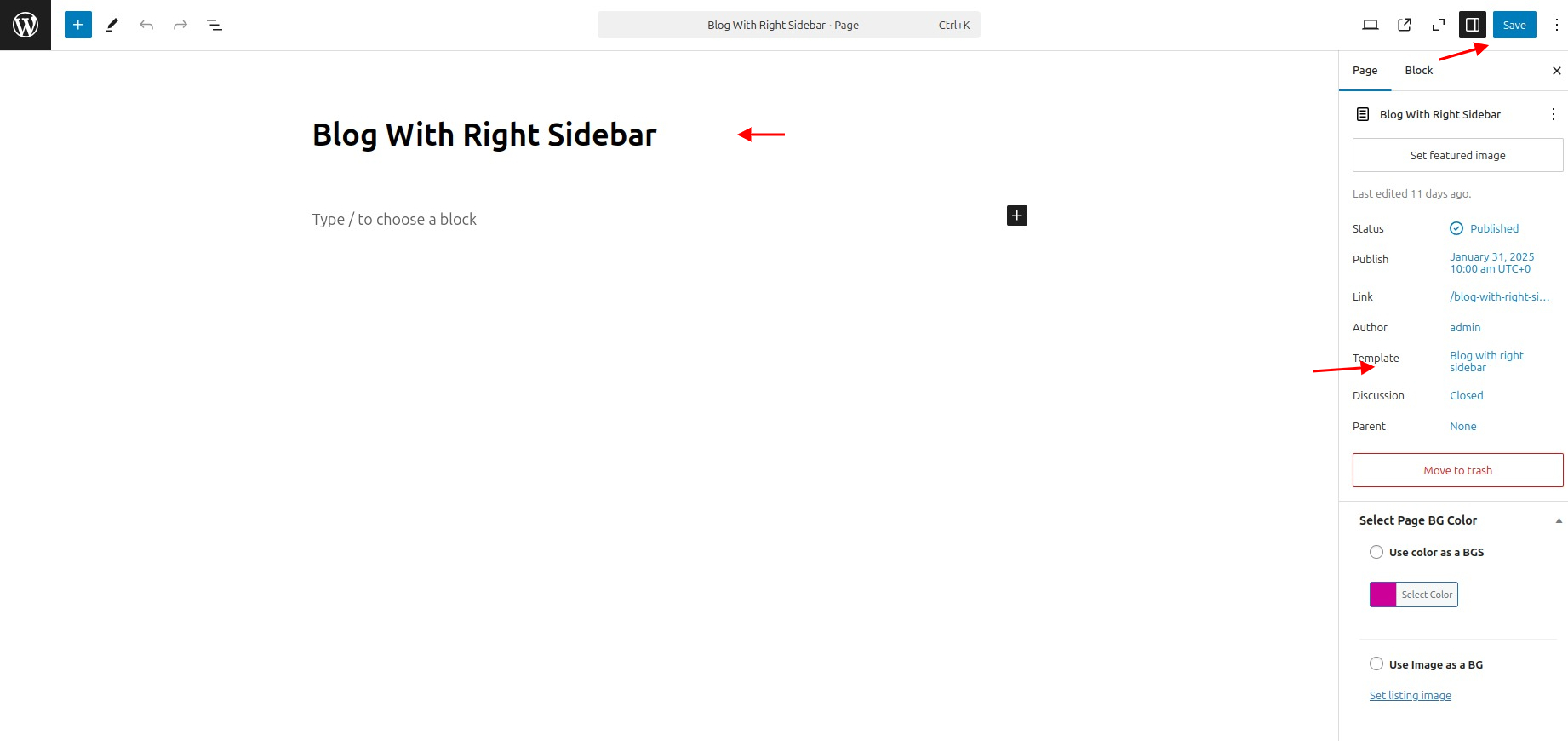 select Blog With Right Sidebar template