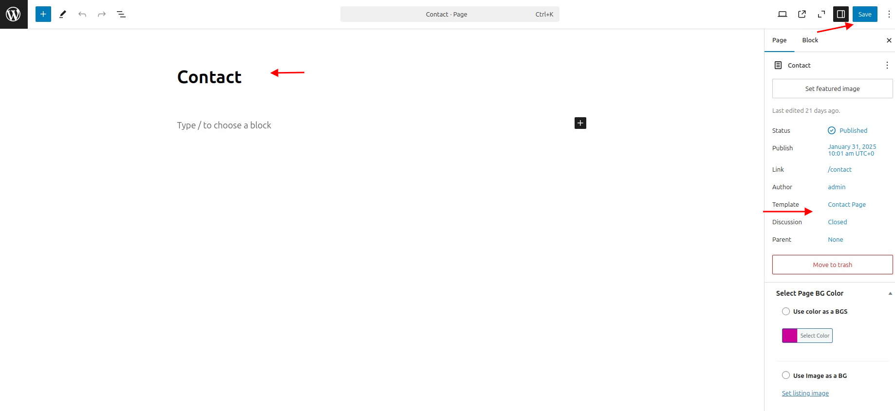 select Contact Page template