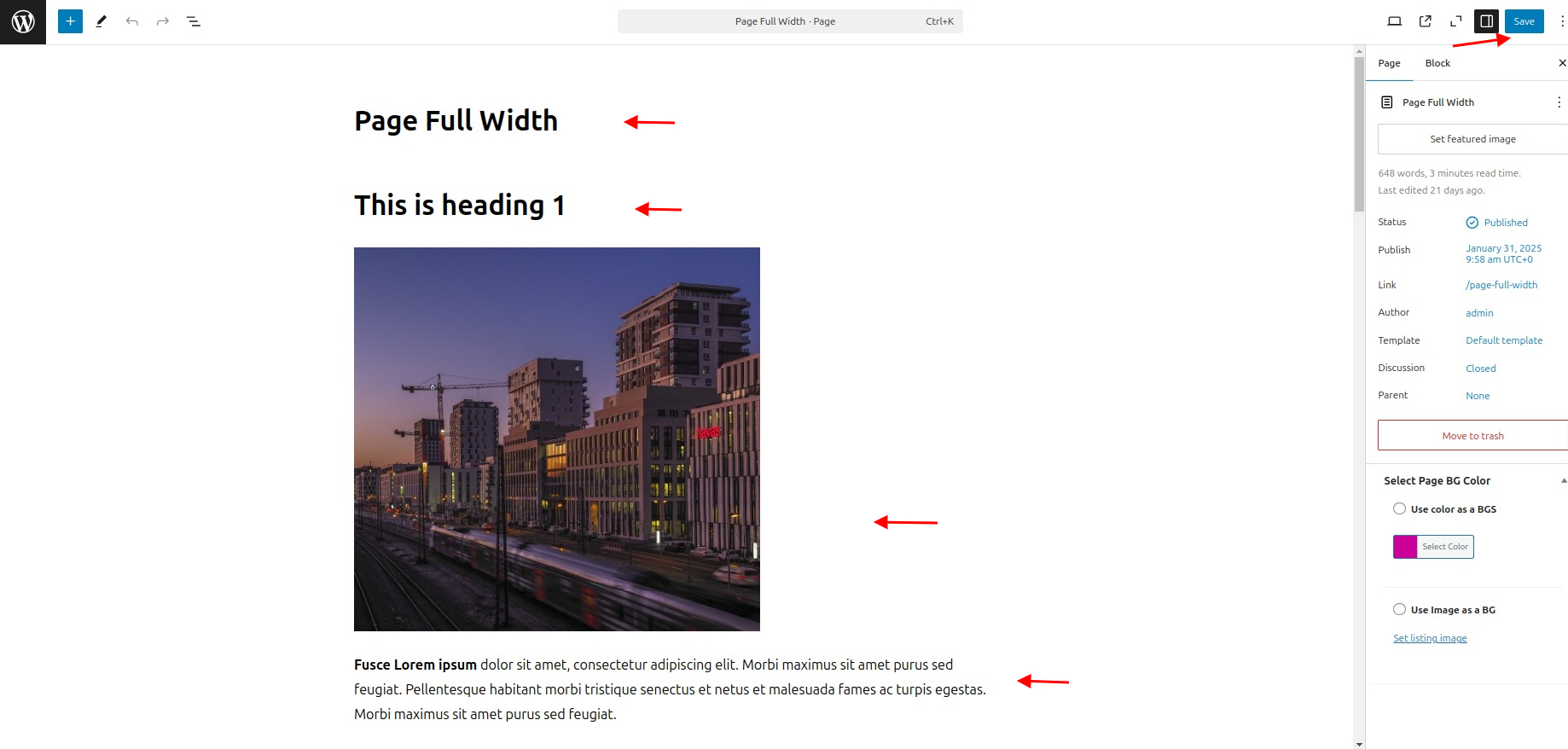 select Full Width Page template