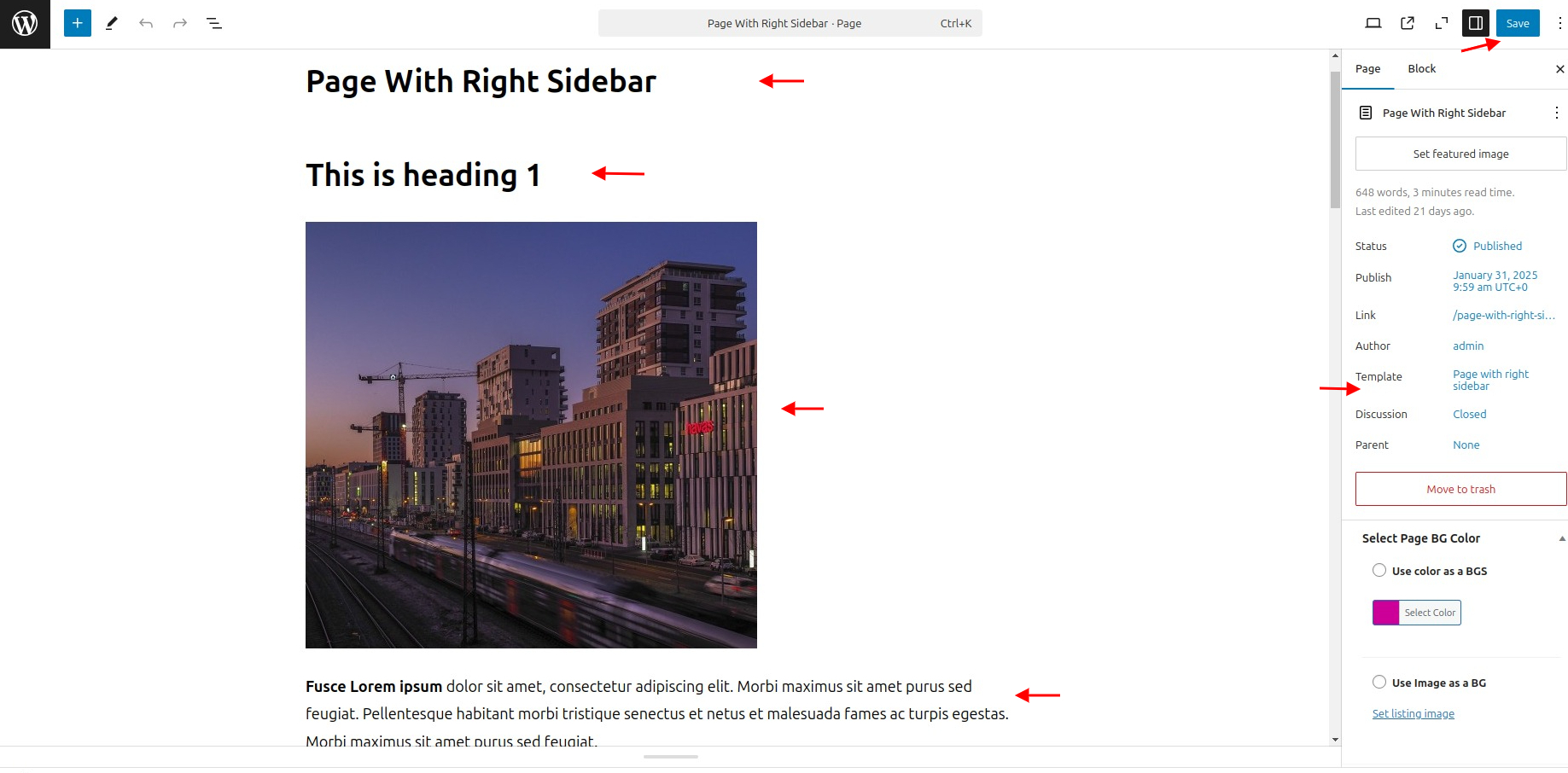 select Page With Right Sidebar template