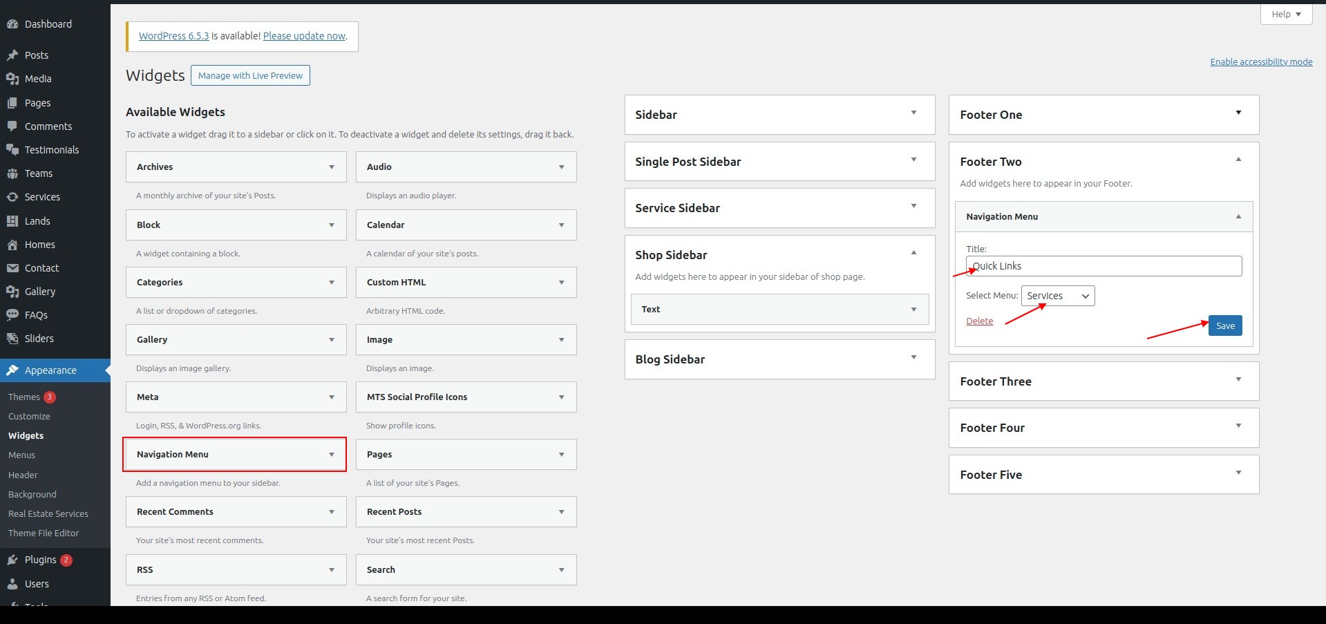 set Footer section